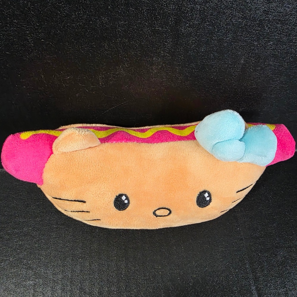 Sanrio Hello Kitty Hot Dog Plush 9.75 Inch Pink Tan Blue Bow Weiner Plush
